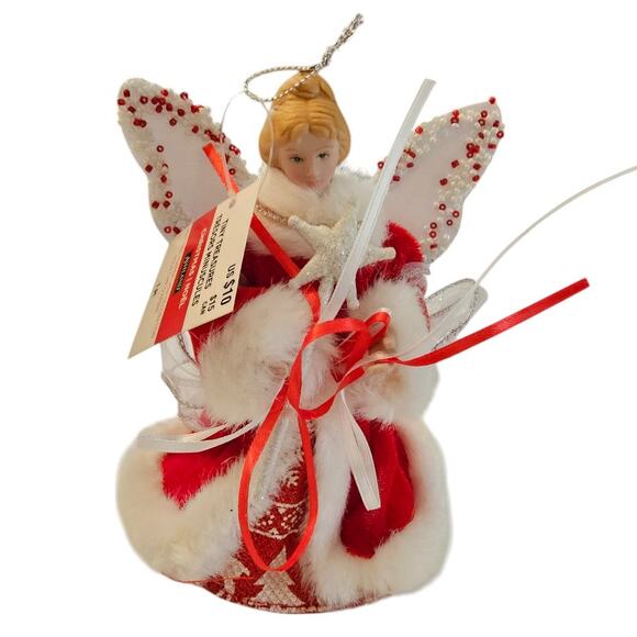Vintage Christmas Tree Topper Angel Red White Accents Porcelain Kirkland - Picture 1 of 5